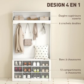 Móvel entrada, Hall 4 em 1 com banco 100 (C) x 35 (P) x 172,2 (A) cm, com 12 compartimentos para sapatos, 6 ganchos e prateleira aberta, branco