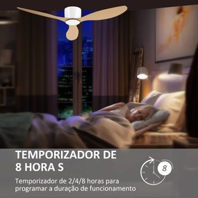 HOMCOM Ventoinha de Teto Motor DC Ø132x18 cm com Controle Remoto 3 Lâminas Reversíveis 6 Velocidades e Temporizador Silencioso para Dormitórios Sala de Jantar Branco e Natural