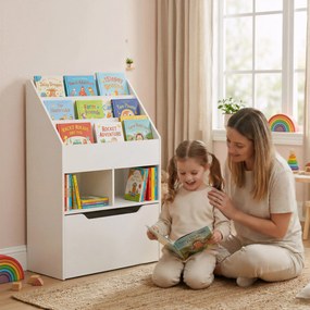 Estante de Madeira para Brinquedos com 3 Compartimentos 2 Cubos e Gaveta Móvel com 4 Rodas Estante para Livros Infantil para Dormitório Infantil Sala