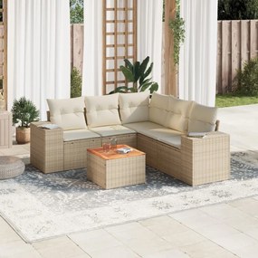 6 pcs conjunto de sofás p/ jardim com almofadões vime PE bege