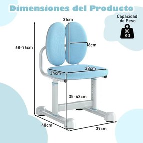 Cadeira de escritório para crianças com apoio duplo para as costas e altura ajustável estofada Azul