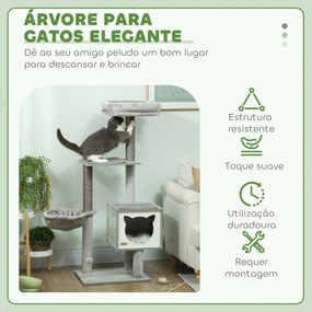 Arranhador para Gatos com Plataforma Rede Caverna Cama Postes de Sisal e Bolas de Brincar 48x40x126 cm Cinza