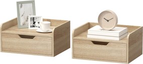 Conjunto de 2 mesas de cabeceira de parede 40 x 30 x 19,5 cm, com gaveta e tampo com rebordos elevados, cor madeira natural