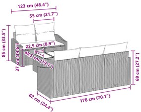 Conjunto de Sofá de Jardim de 6 Peças com Almofadas Cinza Claro Rattan