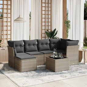 7 pcs conjunto sofás p/ jardim c/ almofadões vime PE cinzento