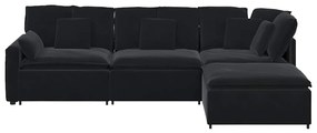 Sofá modular com pufes e almofadas veludo preto