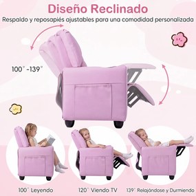 Sofá Infantil de 2 Lugares, 96 x 51,5 x 69 cm, Encosto e Apoio para os Pés Reclináveis, Rosa