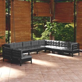 vidaXL 10 pcs conjunto lounge jardim c/ almofadões pinho maciço preto