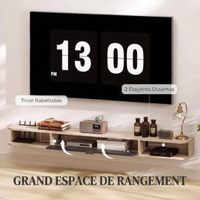 Móvel de TV suspenso 180 x 24 x 16 cm, móvel para televisores até 75 polegadas, gaveta rebatível, 2 prateleiras, cor madeira natural e preto