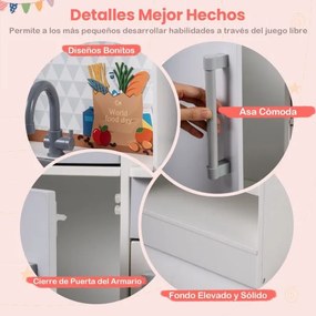 Cozinha de brincar dupla face em madeira 73 x 55 x 98 cm com dispensador de água, micro-ondas e utensílios simulados, luzes e sons, para maiores de 3