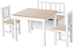 HOMCOM Conjunto Infantil de Mesa 2 Cadeiras e Banco com Armazenamento Móveis Infantil para Sala de Jogos Dormitório Branco e Natural | Aosom Portugal