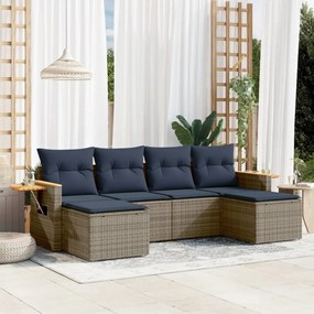 6 pcs conjunto sofás p/ jardim c/ almofadões vime PE cinzento