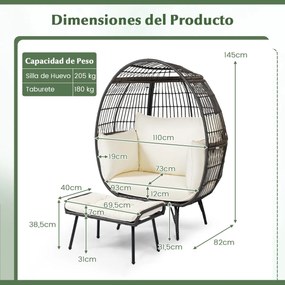 Conjunto de cadeira grande Jardim em forma de ovo com apoio para os pés em rattan PE com almofadas macias Castanho