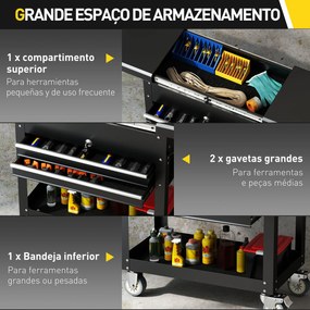 Carrinho de Ferramentas com Rodas Carrinho de Oficina Móvel com Tampa Deslizante 2 Gavetas com Fecho Bandeja 77,5–130x38x80 cm Preto