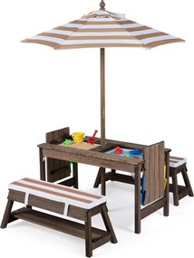 Conjunto de Mesa Infantil com 2 Bancos e Sombrilha, 89 x 44 x 50 cm, Sombrilha Ajustável em 3 Posições, Castanho