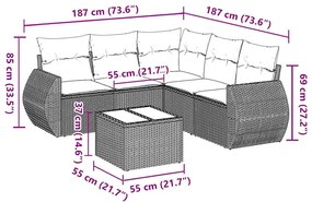 6 pcs conjunto sofás de jardim c/ almofadões vime PE preto