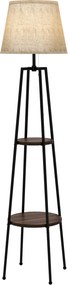 Candeeiro de pé com 2 prateleiras, casquilho E27, 40 W, interruptor de cordão, abajur em tecido, 42 x 42 x 166 cm, preto e castanho