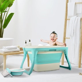 HOMCOM Banheira dobrável e portátil para bebê com recipiente para xampu bacia e banco 81,5x60x46,5 cm Verde