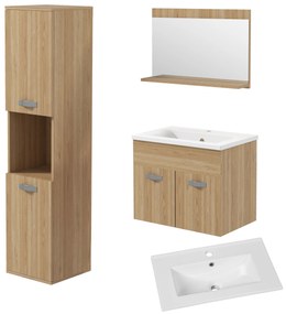 kleankin Conjunto de Móveis Casa de Banho 3 Peças com Espelho Móvel com Lavatório Cerâmico e Coluna de Casa de Banho Madeira | Aosom Portugal