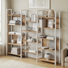 Estante com 14 prateleiras e estrutura metálica 24 x 128 x 166 cm em tom de carvalho dourado e branco