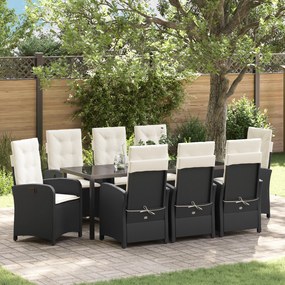 vidaXL Conjunto de Jantar de Jardim 9 Peças com Almofadas Preto Rattan Poliéster