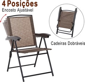 Conjunto de Mesa e 2 Cadeiras  Cadeira Dobrável Encosto Reclináveis a 4 Níveis  Armação de Aço Castanho