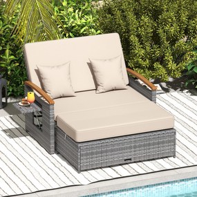 Conjunto de Sofá-Cama de Jardim, Otomana de Arrumação e 2 Mesas Laterais, 164 x 72-111 x 54,5-88 cm, Encosto Regulável em 4 Níveis, Cinzento e Bege