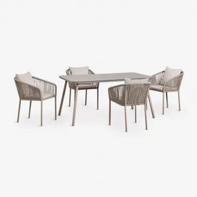 Conjunto De Mesa Retangular 160x90 Cm E 4 Cadeiras De Jantar Em Corda Trançada Arhiza Classic Moka Brown - Sklum
