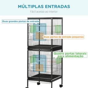 Gaiola para Pássaros com Rodas de 2 Níveis  com Bandejas Removíveis Portas Comedouros Poleiros 51,5x50x140 cm Preto