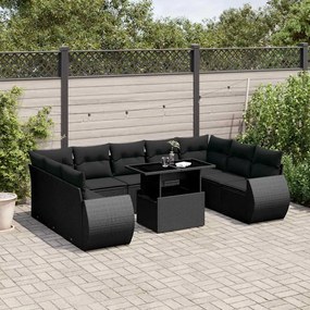 10 pcs conjunto sofás de jardim c/ almofadões vime PE preto