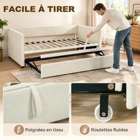 Estrutura de Sofá-Cama 2 em 1, 203 x 190,5 x 75 cm, (COLCHÕES NÂO INCLUIDOS)  Cabeceira Acolchoada Creme