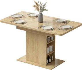 Mesa de jantar retangular extensível para 4 a 6 pessoas 110-130 cm, (BANCOS E CADEIRAS NÃO INCLUIDAS) com 6 prateleiras abertas, efeito madeira natura