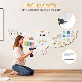 Painel de atividades de parede 11 em 1 em forma de coruja sensorial Montessori de madeira para crianças com mais de 3 anos Branco