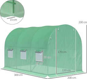 Estufa de jardim em forma de túnel, área útil de 6 m², 3 m (C) x 2 m (L) x 2 m (A), estrutura tubular reforçada, porta com fecho de correr, 6 janelas