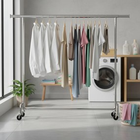 Cabide guarda roupa com rodas 45 x (160-200) x 162,9 cm, barra extensível, capacidade de carga até 110 kg prateado