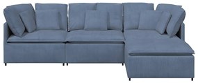 Sofá modular com pufes e almofadas tecido corduroy azul