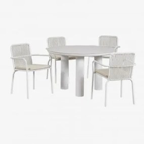 Conjunto De Mesa Redonda Arken, Ø120, Em Cerâmica E Alumínio, E 4 Cadeiras De Jantar Em Alumínio Alberta Com Braços. Crema - Sklum