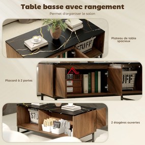 Mesa de centro, mesa de sala, tampo com efeito de mármore, 2 portas e 2 compartimentos abertos, 100 x 50,8 x 45,7 cm, cor nogueira