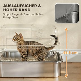 Caixa de Areia para Gatos XXL em Aço Inoxidável com Tampa Basculante, Laterais Altas, Entrada Superior, Pá, Preto