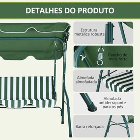 Baloiço de Jardim de 2-3 Lugares com Almofada Toldo Ajustável Terraço Patio Capacidade 240kg 170x110x153cm Verde e Branco