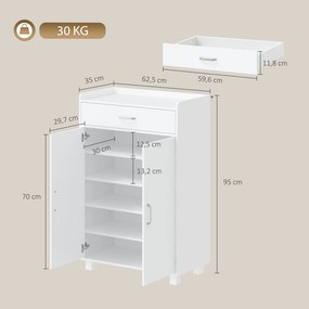 Sapateira com Prateleiras Ajustáveis Gaveta e Portas 62,5 x 35 x 95 cm para 6 Pares Branco