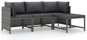 4 pcs conjunto lounge de jardim c/ almofadões vime PE cinzento
