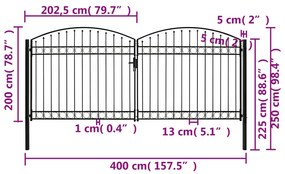 Portão p/ cerca porta dupla e topo arqueado 400x200cm aço preto