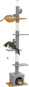 Arranhador para gatos, altura 275 cm, 6 níveis para gatos de interior, do chão ao teto, com plataformas e compartimentos abertos, cinzento claro