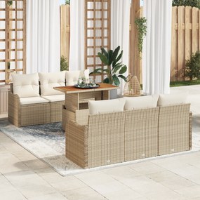 Conjunto de Sofá de Jardim vidaXL 7 Peças com Almofadas Bege Rattan Poliéster