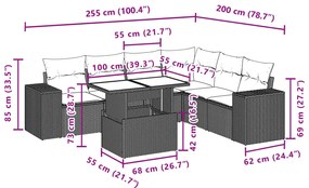 7 pcs conjunto de sofás jardim c/ almofadões vime PE castanho