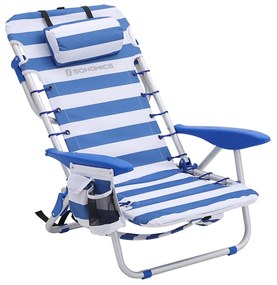 Cadeira de praia SONGMICS, cadeira dobrável para camping, cadeira portátil para áreas externas, para carregar como mochila, com encosto ajustável, apoio de cabeça, apoio de braço, 2 bolsos laterais, azul e branco GCB62BU