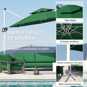 Chapéu de Sol Excêntrico  Ø292 cm com Manivela Rotativo 360° Inclinação Ajustável Duplo Teto e Base Cruzada Verde Escuro