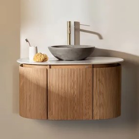 Conjunto De Móvel De Casa De Banho Suspenso Em Madeira Carsone Madeira Natural & Sem Unidade Auxiliar & Cimento Cinzento Redondo Ø40 Cm Tarsis - Sklum