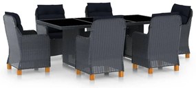 7 pcs conj. jantar exterior c/ almofadões vime PE cinza-escuro